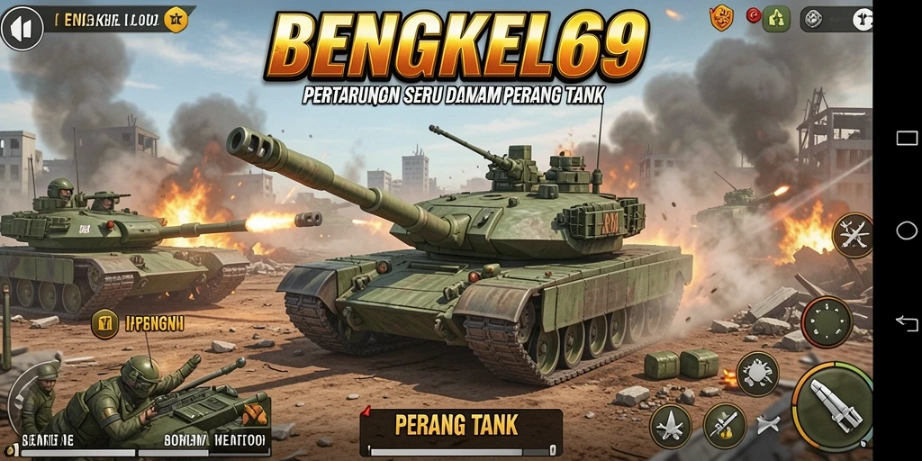 Antarmuka permainan BENGKEL69 yang menampilkan pertempuran tank yang mendebarkan.