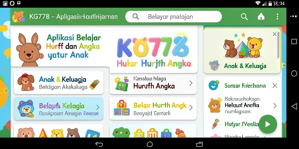 Screenshoot antarmuka KG778 menunjukkan permainan interaktif belajar huruf dan angka.